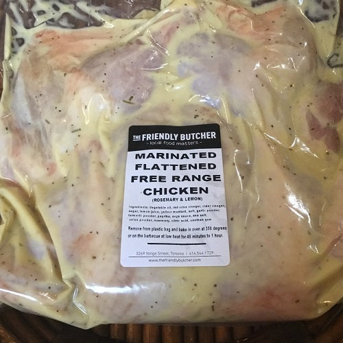 Sealed bag of marinated flattened free range chicken, rosemary and lemon